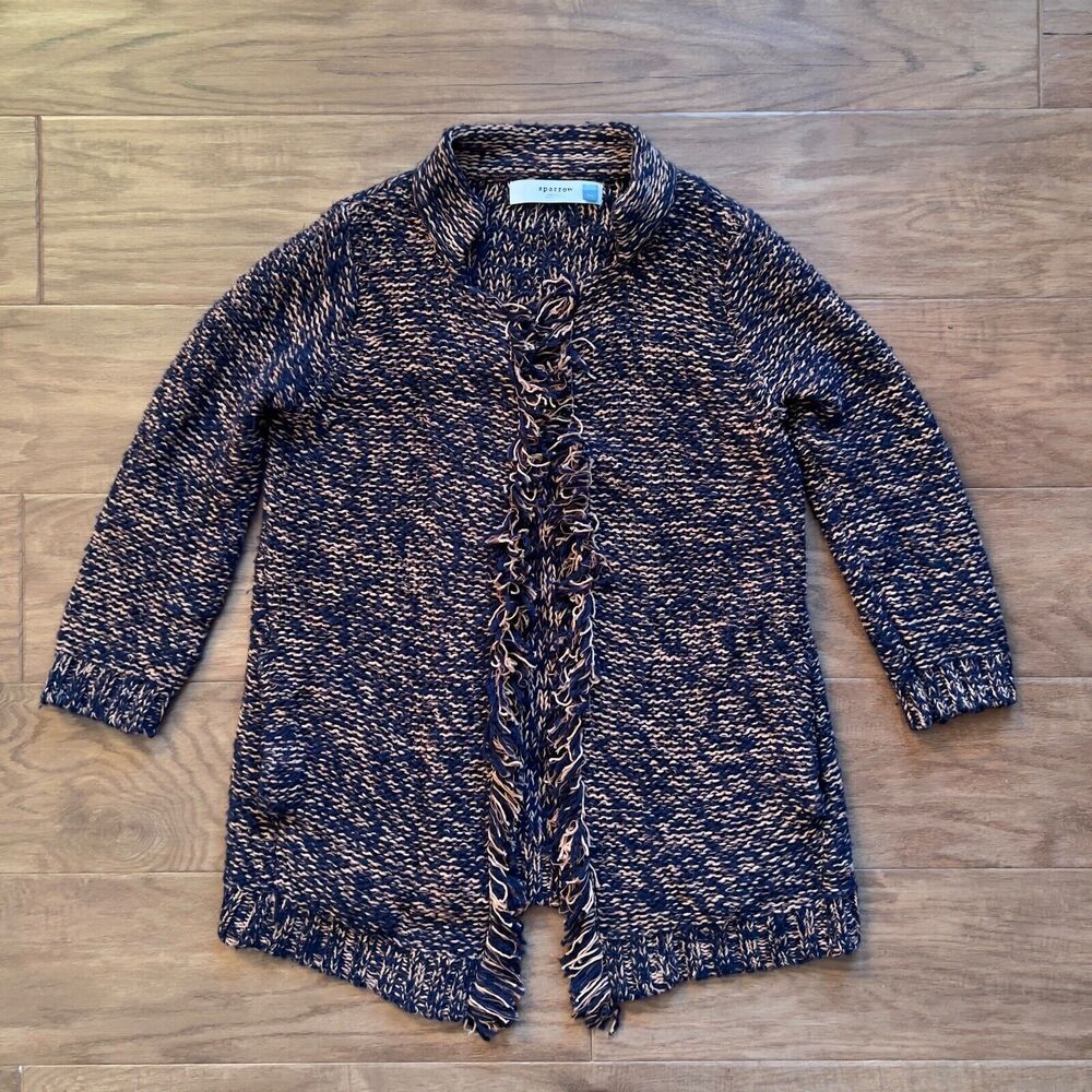 Anthropologie Sparrow Cardigan Size XS Navy Blue Orange Marled Peat Fringe